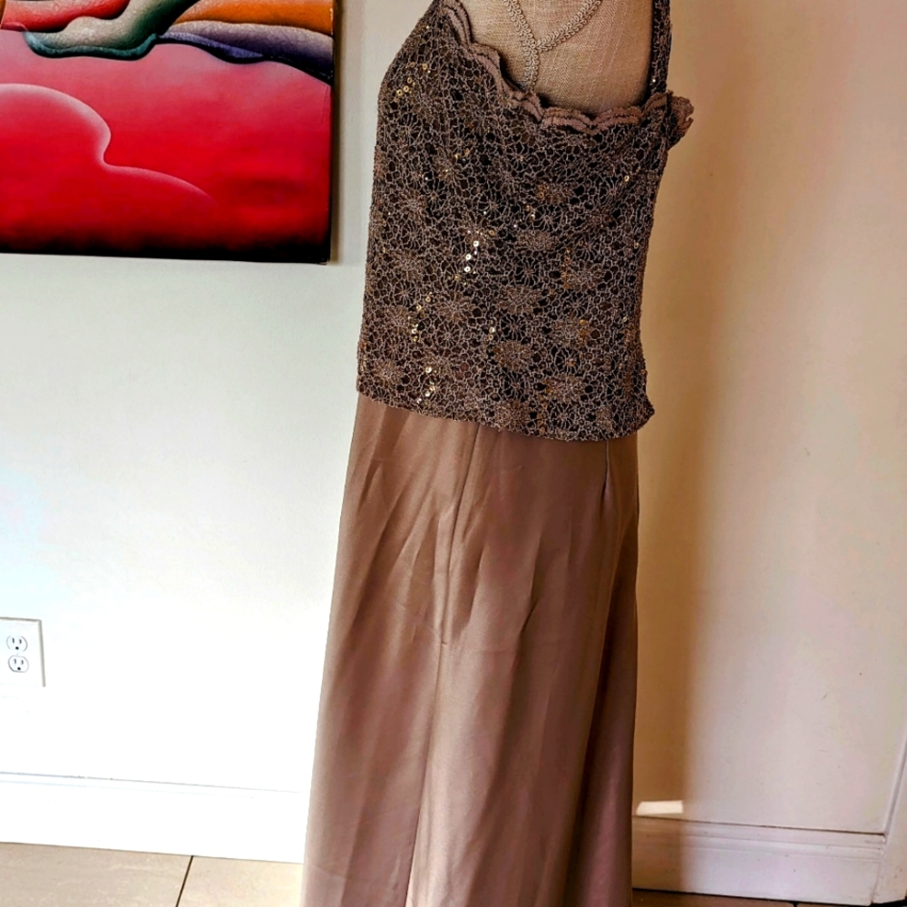 Alex Evening's Elegant  sequined lace bodice and satin-skirted gown with jacket.